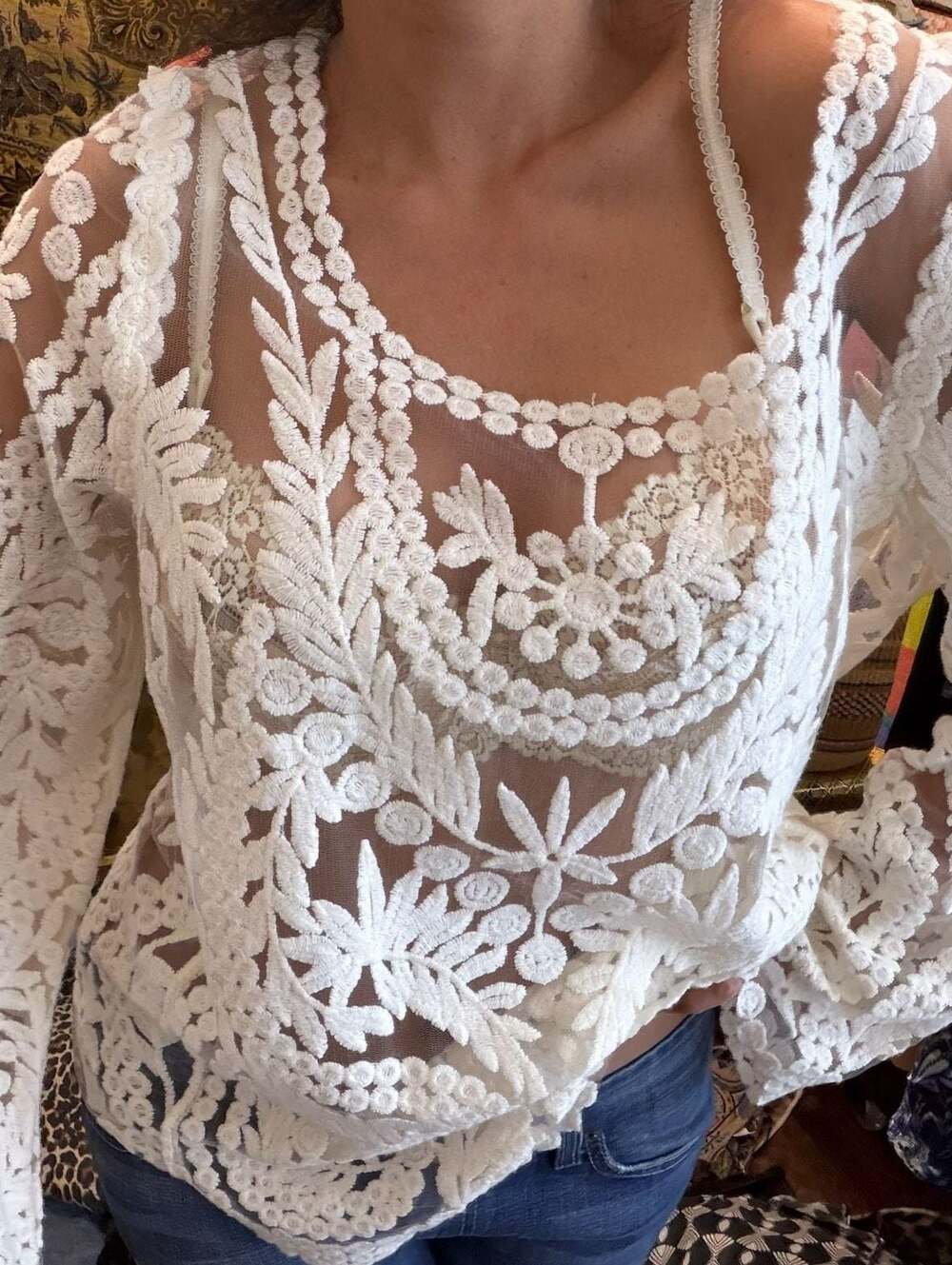 Neiman Marcus Sheer Crochet Embroidery Lace Floral Blouse White - Picture 3 of 6